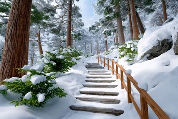 Obraz premium Wooden stairs winding up through snowy winter forest