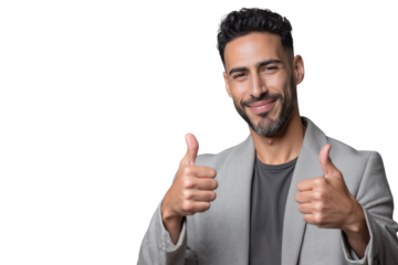 Happy bearded man with two thumbs up, smiling at the camera isolated on transparent background