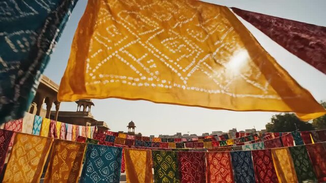 Vibrant Bandhani Tie-Dye Cloths Drying in the Sun - A colorful array of Bandhani tie-dye cloths with geometric patterns is seen fluttering in the sun, showcasing a traditional textile craft from
