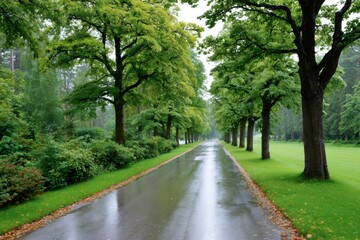 Obraz premium Wet park road reflecting green summer trees