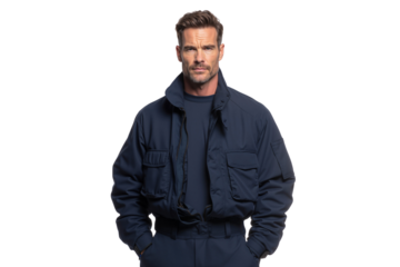 Serious middle-aged man in a dark blue utility jumpsuit, standing with hands in pockets isolated on transparent background