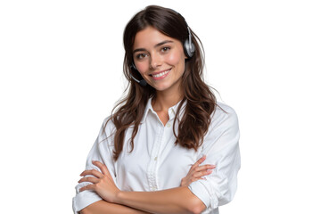 Portrait of a smiling female customer service representative with a headset and arms crossed, isolated on transparent background