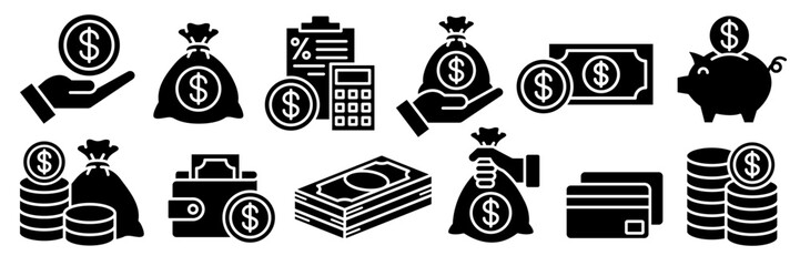 Money, budget, savings, loan, cash, earning, income, wallet, currency, dollar, card, coin, revenue, piggy bank, and profit icon set. Finance business thin line icon collection.