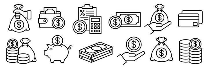 Money, budget, savings, loan, cash, earning, income, wallet, currency, dollar, card, coin, revenue, piggy bank, and profit icon set. Finance business thin line icon collection.