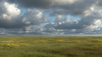 Obraz premium A vast, verdant meadow stretches under a dramatic, cloudy sky, evoking a sense of serenity and vastness