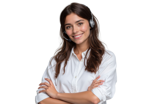 Portrait of a smiling female customer service representative with a headset and arms crossed, isolated on transparent background - Powered by Adobe