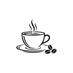 Obraz premium Black Coffee Cup Outline Icon with Steam and Coffee Beans