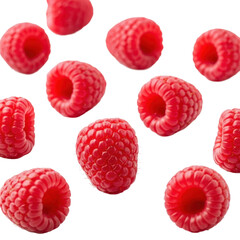 Perfectly ripe, vibrant crimson raspberries with detailed plump drupelets, glistening, scattered on a transparent background with soft high-key lighting, concept of natural purity and freshness