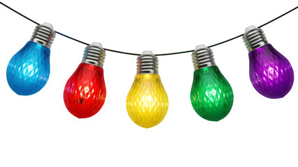 Colorful string of light bulbs isolated on transparent background