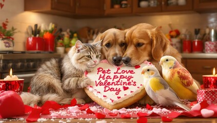 Adorable ensemble of diverse pets including tabby cat, fluffy dog