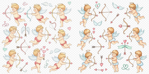 Fototapeta premium Set of cute Cupid characters with bows and arrows, perfect for Valentine's Day designs and romantic themes.