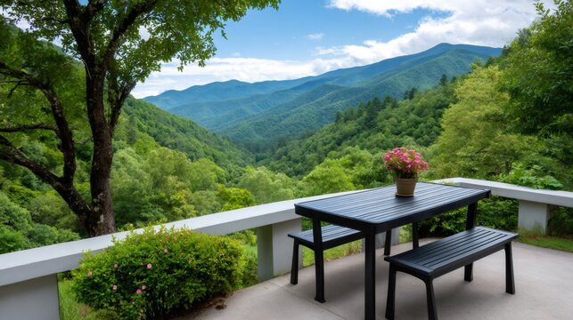 Outdoor dining table overlooking Blue Ridge Mountains valley view