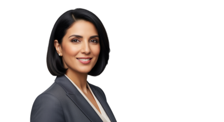 Portrait of smiling eastern middle age female on Isolated white background with empty space.