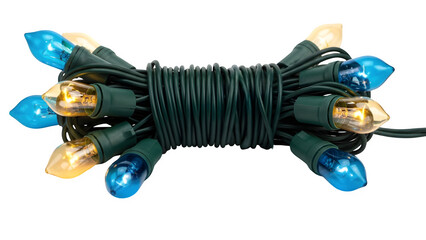 Coiled string of blue and yellow christmas lights isolated on transparent background