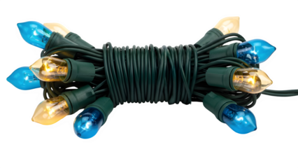 Coiled string of blue and yellow christmas lights isolated on transparent background