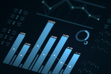 Business analysis and big data processing, digital dashboard display glowing blue bar charts, line graphs, and percentage indicators isometric selective focus