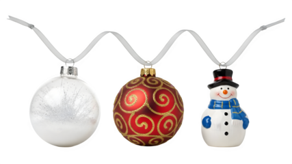 Three christmas ornaments isolated on transparent background