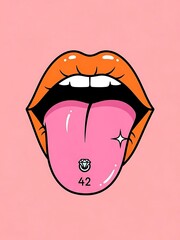 Pink Tongue with Tongue Piercing and Number 42 on Orange Lips