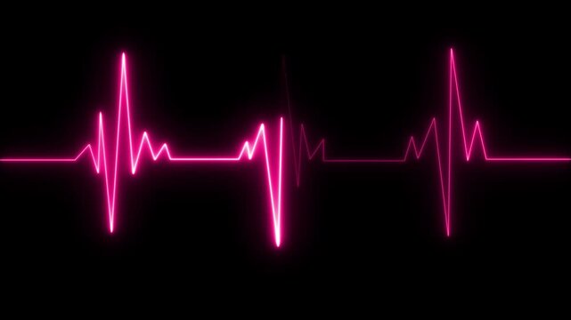 Neon pink E C G heartbeat line graph on black background pulsing rhythmically