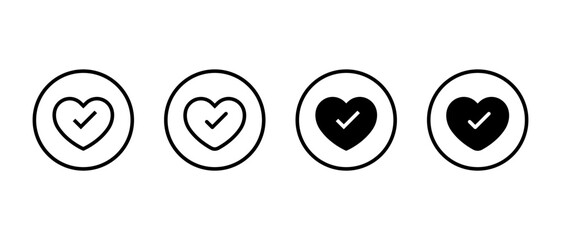 Good health, healthy icon set in circular outline. Heart with check mark symbol. Love with checkmark sign