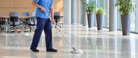 Professional janitor mopping shiny floor in bright office with large windows and plants.