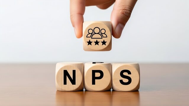 A hand placing a wooden block with a customer satisfaction icon above three blocks spelling NPS on a wooden table.