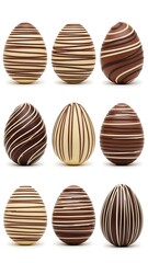 Chocolate Easter Eggs with Brown and White Stripes on White Background