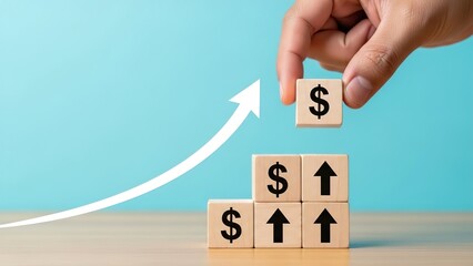 A hand stacking wooden blocks with dollar signs and arrows, symbolizing financial growth and investment.