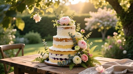 romantic outdoor wedding cake with floral decoration for luxury celebration and professional event marketing