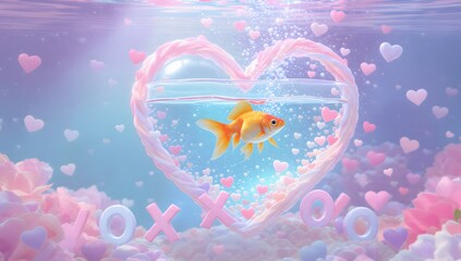 Vibrant goldfish swimming gracefully in an enchanting heart-shaped bowl filled with floating love letters and bubbles spelling XOXO against a dreamy underwater pastel scene, crafted in digital art sty