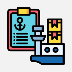 Fototapeta premium Maritime logistics and shipping operations with cargo ship and checklist.