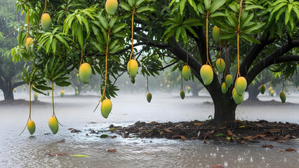 A cluster of beautiful ripe red apples hanging from an apple tree branch, illuminated by warm golden sunlight and soft lens flare in an orchard