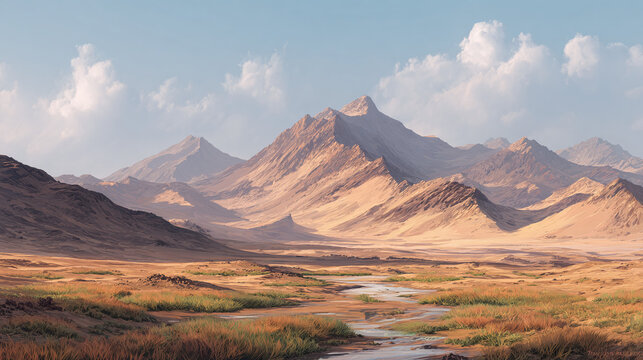 An expansive desert landscape featuring majestic mountains under a serene sky, showcasing nature's grandeur