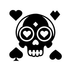 Black and white skull with heart and diamond eyes and playing card suit symbols around the neck design