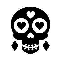 Black and white skull with heart and diamond eyes and playing card suit symbols around the neck design