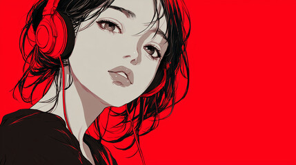 ヘッドフォンで音楽を聞く女性をYouTube動画サムネイル用にアニメスタイルで描いたAI生成画