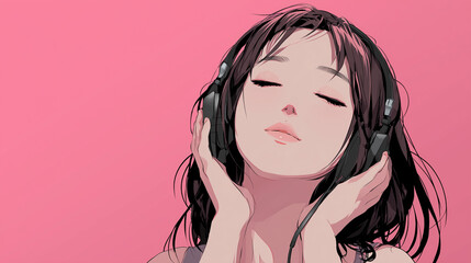 ヘッドフォンで音楽を聞く女性をYouTube動画サムネイル用にアニメスタイルで描いたAI生成画