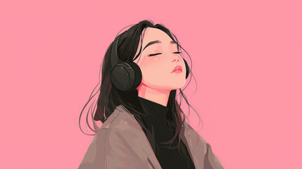 ヘッドフォンで音楽を聞く女性をYouTube動画サムネイル用にアニメスタイルで描いたAI生成画