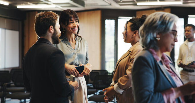 Happy, business people and networking at convention with discussion for workshop, expo and career growth. Seminar, group and talking for professional connection, collaboration and tradeshow feedback.
