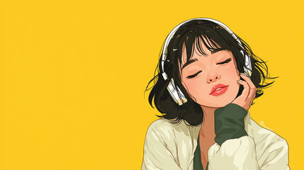 ヘッドフォンで音楽を聞く女性をYouTube動画サムネイル用にアニメスタイルで描いたAI生成画