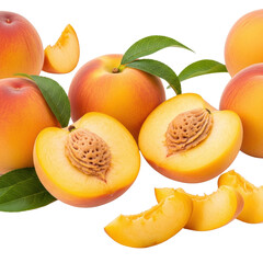 Ripe whole, halved, and sliced peaches with green leaves, arranged on a transparent background with copy space, soft studio light concept of natural goodness