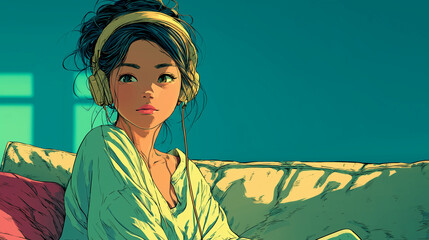 ヘッドフォンで音楽を聞く女性をYouTube動画サムネイル用にアニメスタイルで描いたAI生成画