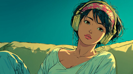 ヘッドフォンで音楽を聞く女性をYouTube動画サムネイル用にアニメスタイルで描いたAI生成画