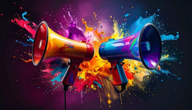 Dual megaphones with vibrant paint splashes