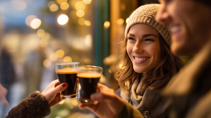Through a cafe window, capturing friends toasting with coffee, laughter lines visible, morning rush. With copy space.