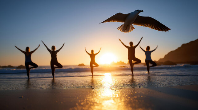 Sideways peek at yoga practitioners in tree pose on a beach at dawn, waves lapping, unexpected bird flying overhead. With copy space. - Powered by Adobe