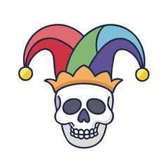 Human skull adorned with a jester's hat, artistic representation exploring themes of folly