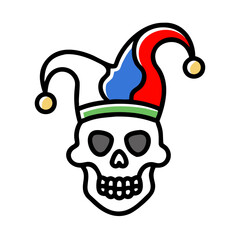 Human skull adorned with a jester's hat, artistic representation exploring themes of folly