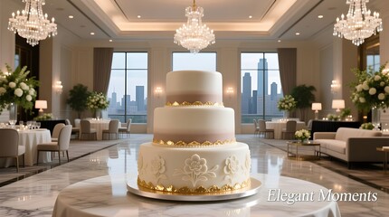 luxury ballroom wedding cake with gold accents and elegant floral detailing for premium celebrations and professional event branding