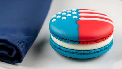 American flag macaron with white filling on white surface with blue napkin dessert patriotic